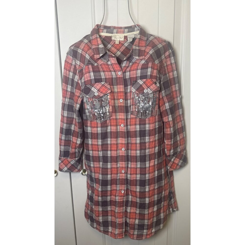 Miss Me Flannel Shirt Dress Button Down Sequins, Size: Small